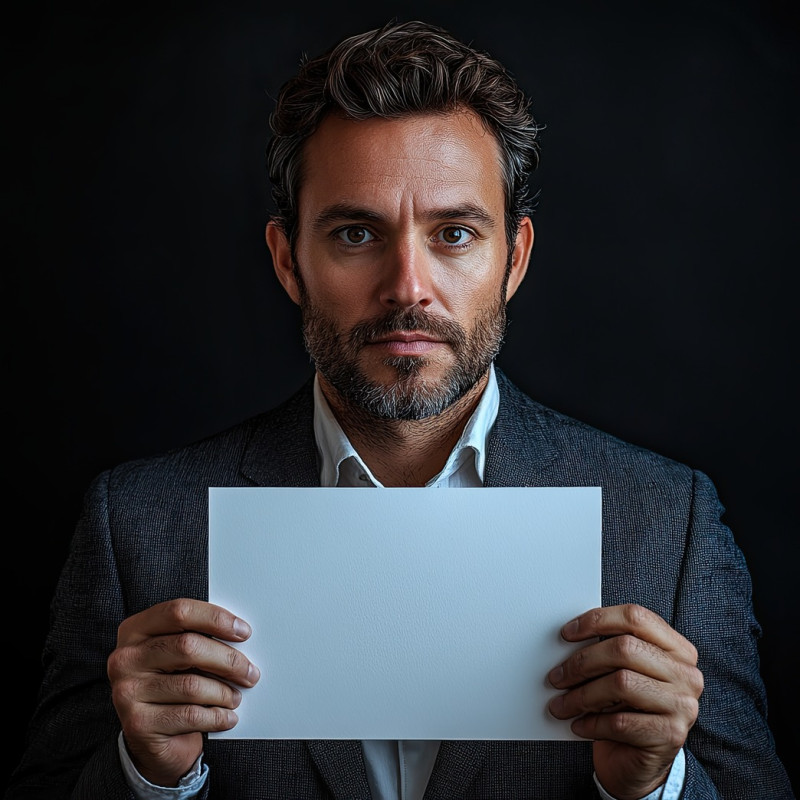 Business executive holding separate blank white panel on black background, people holding white placards, corporate message, business communication concept