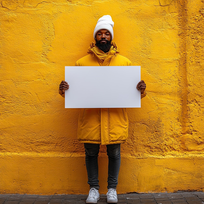Street performer holding separate blank white panel on yellow background, people holding white placards, artistic expression, creative message concept