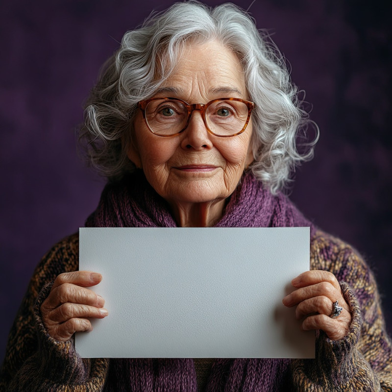 Elderly person holding separate blank white panel on purple background, people holding white placards, senior activism, awareness, blank space for text