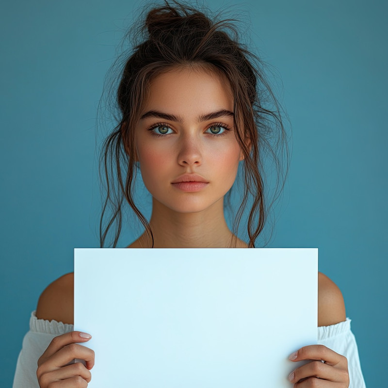Young woman holding separate blank white panel against a blue background, people holding white placards, communication, protest, awareness campaign
