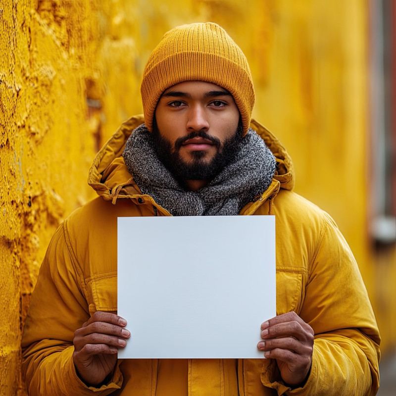Student holding separate blank white panel on yellow background, people holding white placards, education, activism, empty space for text or message