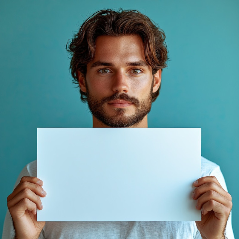Young man holding separate blank white panel on turquoise background, people holding white placards, expression, communication, awareness concept