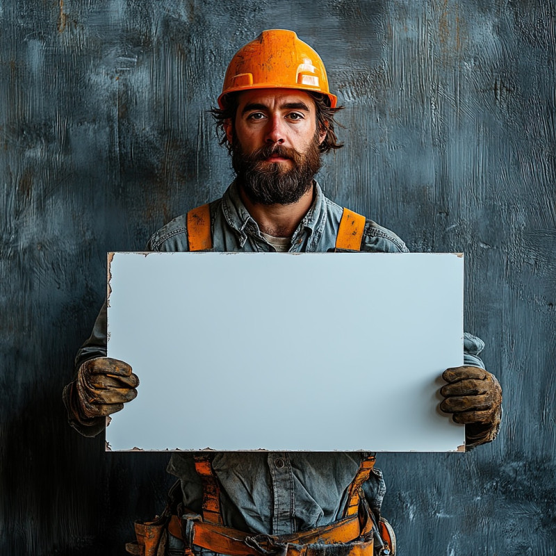 Construction worker holding separate blank white panel on grey background, people holding white placards, labor rights, workplace safety, message board