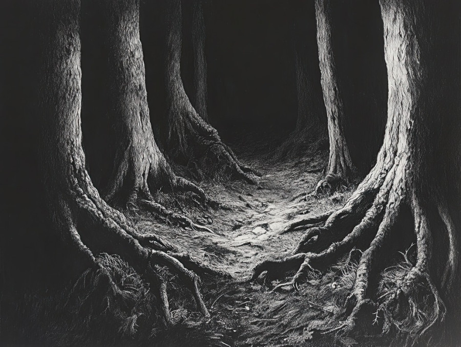 Dark forest floor crawling with insects, detailed graphite drawings depicting tiny creatures moving through decayed leaves, created with drawing pencils and graphite pencils