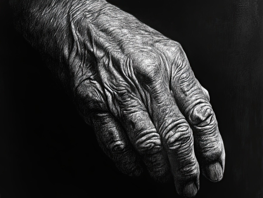 Close up of an aging human hand with deep wrinkles and fine lines, realistic graphite drawings capturing texture and form, created with drawing pencils and graphite pencils