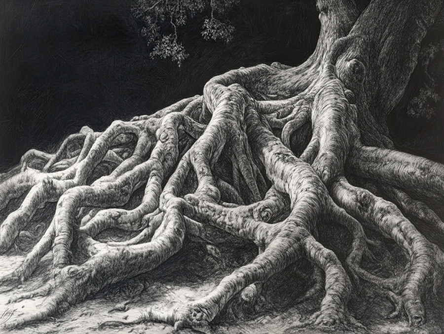 Tangled roots of an ancient tree intertwining and twisting, detailed graphite drawings showcasing depth and complexity, created using drawing pencils and graphite pencils