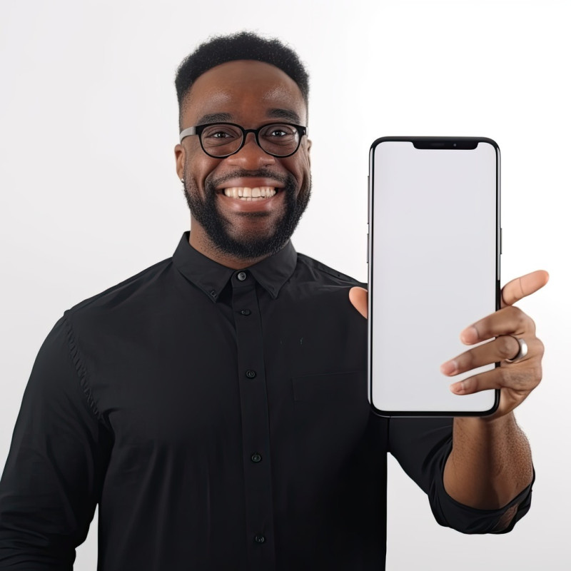 Excited middle aged black man holding a big smartphone with a white blank screen, perfect for stock photos and mobile advertisements