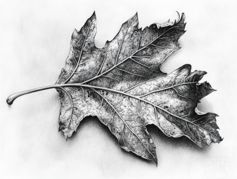 Decomposing leaf with visible veins and torn edges, fine graphite drawings capturing delicate textures and organic patterns, created with drawing pencils and graphite pencils