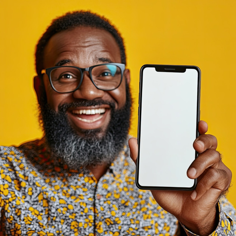 Excited middle aged black man holding a big smartphone with a white blank screen, great for stock photos and mobile advertisements