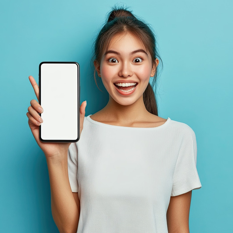 Excited young asian woman holding a big smartphone with a white blank screen, useful for stock photos and mobile advertisements