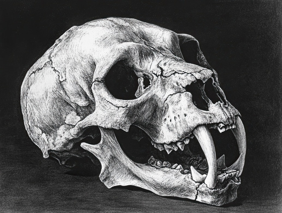 Skull of a big cat, lion or tiger, with sharp teeth and strong jaw, highly detailed graphite drawings highlighting bone texture, created with drawing pencils and graphite pencils
