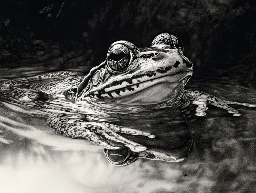 A frog webbed foot emerging from water, ripples forming around it, realistic graphite drawings capturing texture and motion, created with drawing pencils and graphite pencils