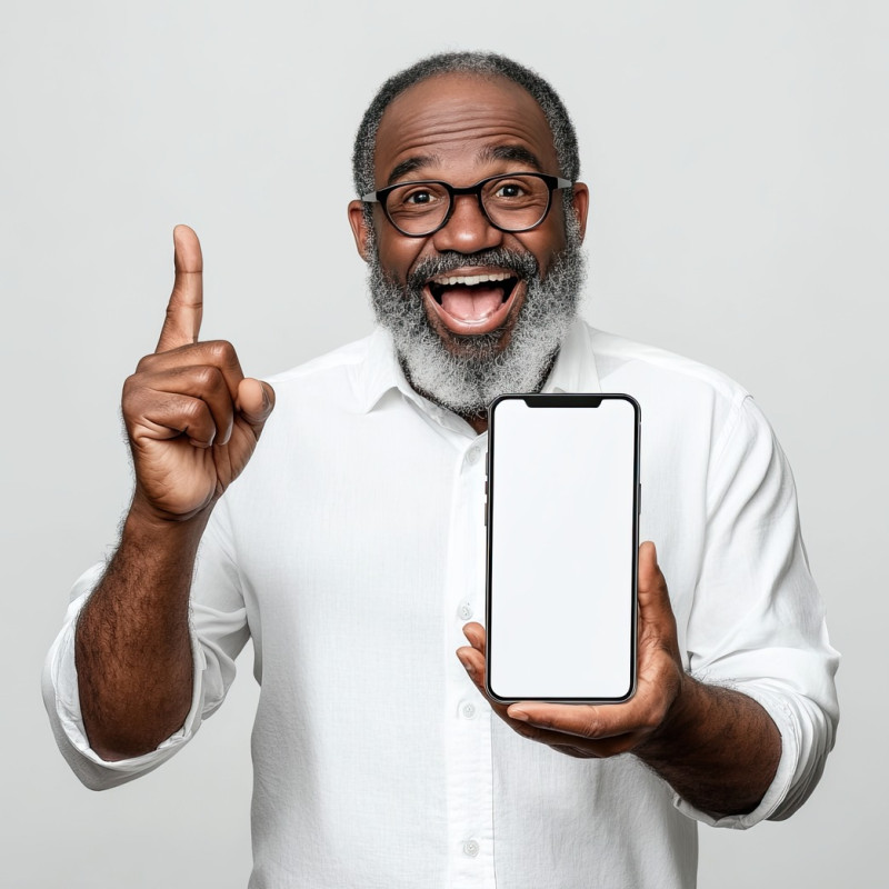 Excited middle aged black man holding a big smartphone with a white blank screen, excellent for stock photos and mobile advertisements