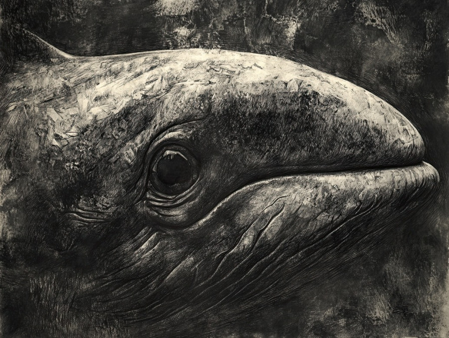 Eye of a whale with deep texture and fine details, realistic graphite drawings showing wrinkles and reflections, created using drawing pencils and graphite pencils
