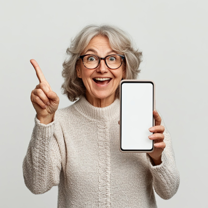 Excited older caucasian woman holding a big smartphone with a white blank screen, fitting for stock photos and mobile advertisements