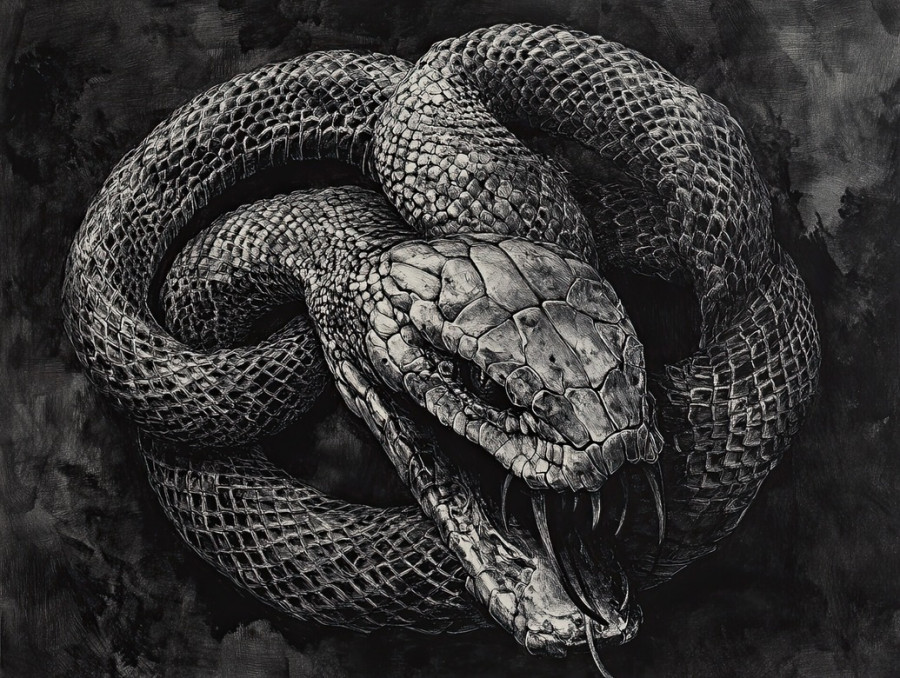 A serpent coiling tightly around its own skeleton, detailed graphite drawings showcasing intricate scales and bones, created with drawing pencils and graphite pencils