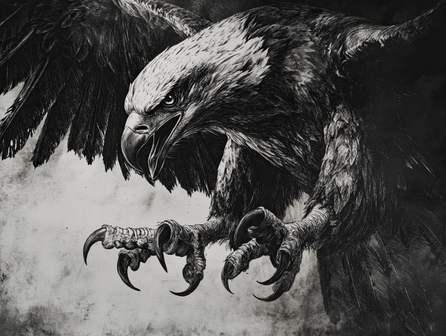 Sharp claws of an eagle in mid strike, gripping with power and precision, realistic graphite drawings showing fine detail, created using drawing pencils and graphite pencils