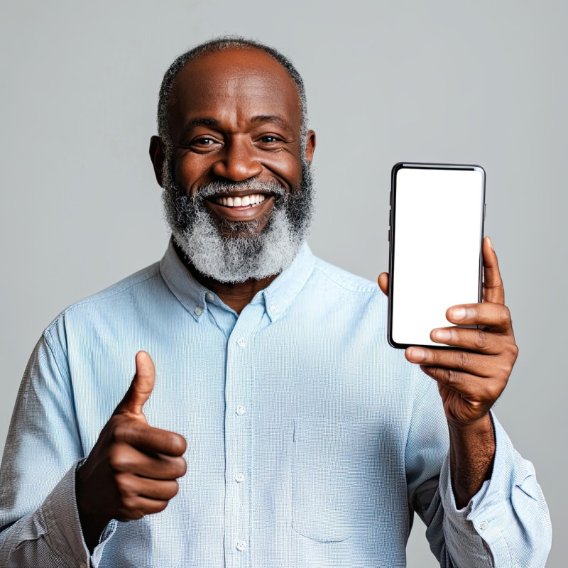 Excited mature black man holding a big smartphone with a white blank screen, perfect for stock photos and mobile advertisements