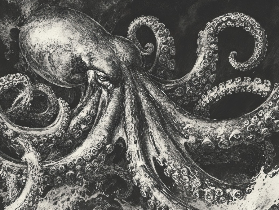 Twisting tentacles of a giant squid curling with dynamic movement, detailed graphite drawings capturing suction cups and texture, created with drawing pencils and graphite pencils