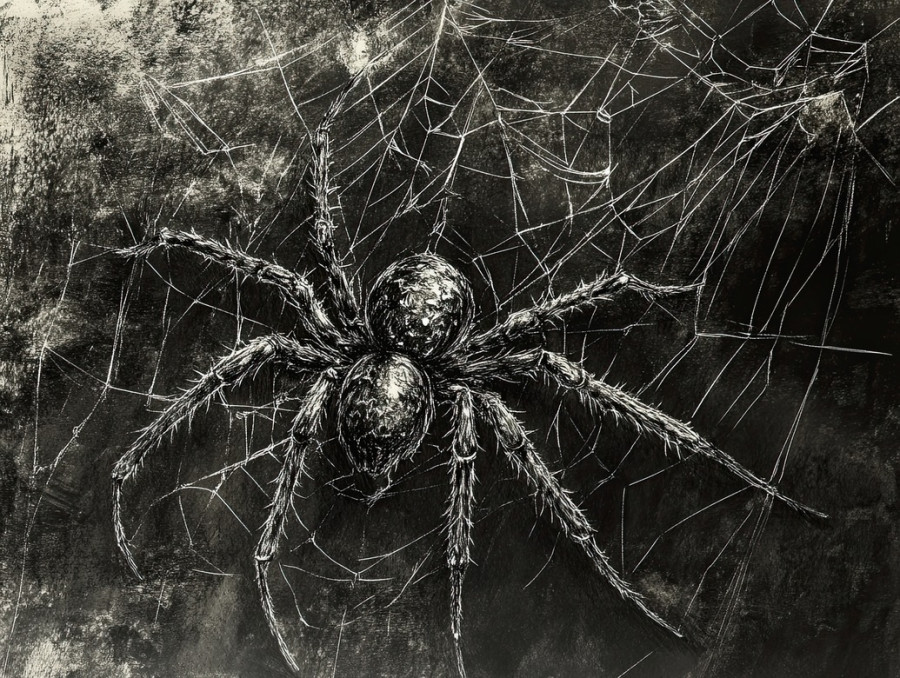 The intricate structure of a spider web with delicate threads catching light, realistic graphite drawings showing fine details, created using drawing pencils and graphite pencils