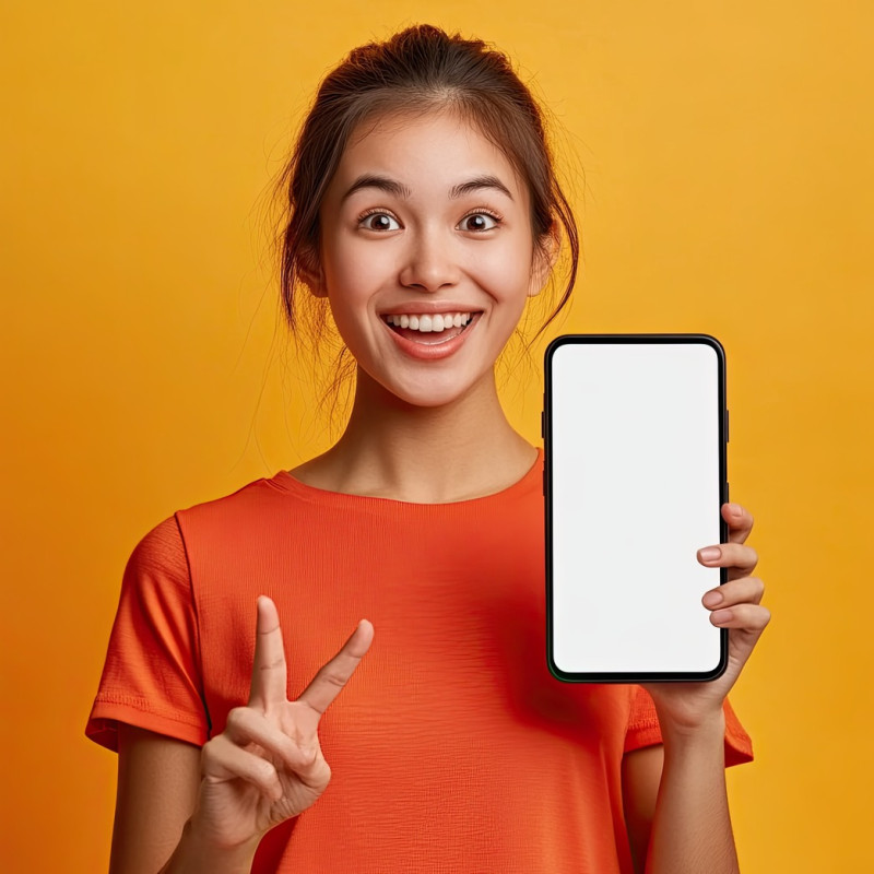 Excited youthful asian woman holding a big smartphone with a white blank screen, suitable for stock photos and mobile advertisements