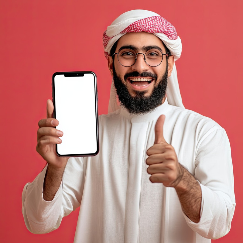 Excited dynamic middle eastern man holding a big smartphone with a white blank screen, great for stock photos and mobile advertisements