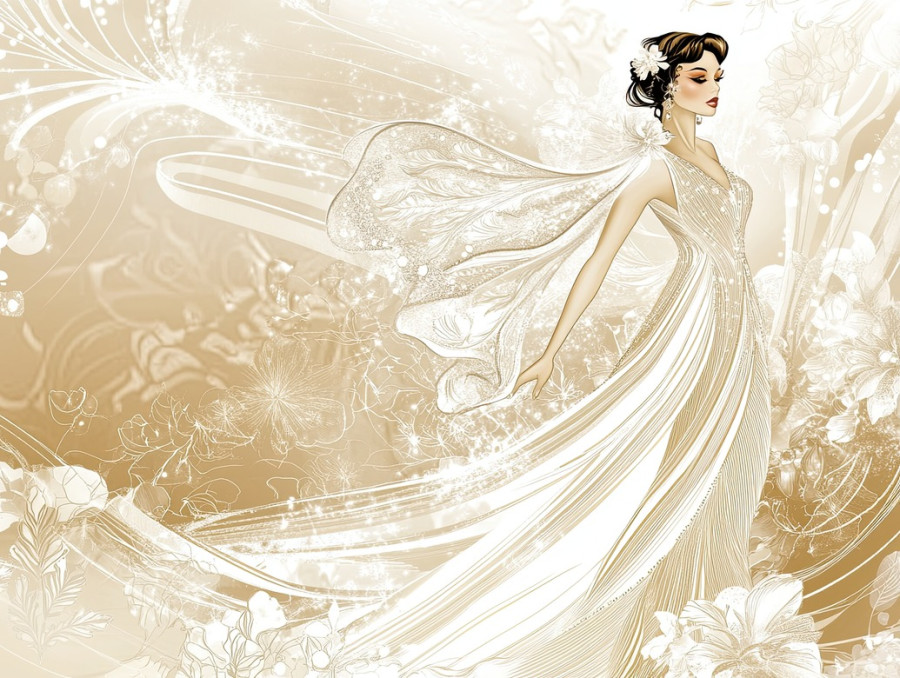 Elegant woman in classic old hollywood style, glamorous gown, red carpet look, sophisticated beauty, fashion illustration, fashion drawing, fashion sketches