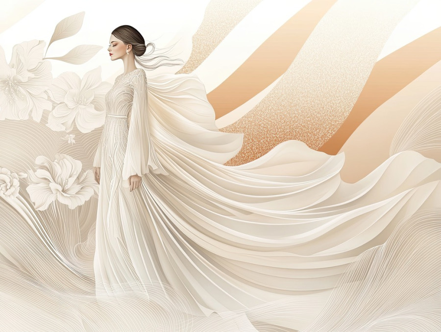 Elegant fashion model showcasing couture design on a fashion runway, confident pose, modern trends, fashion illustration, fashion drawing, fashion sketches