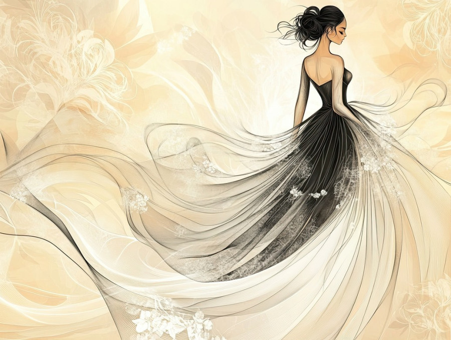 Artistic fashion drawing of a stylish parisian woman in elegant attire, timeless european style, fashion illustration, fashion drawing, fashion sketches