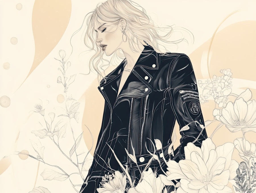 Trendy model wearing a sleek black leather jacket, bold fashion statement, rebellious and stylish look, fashion illustration, fashion drawing, fashion sketches
