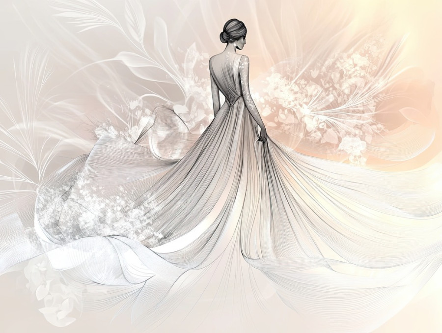 Stunning model in an exquisite designer gown, luxury fashion concept, high end style, fashion illustration, fashion drawing, fashion sketches