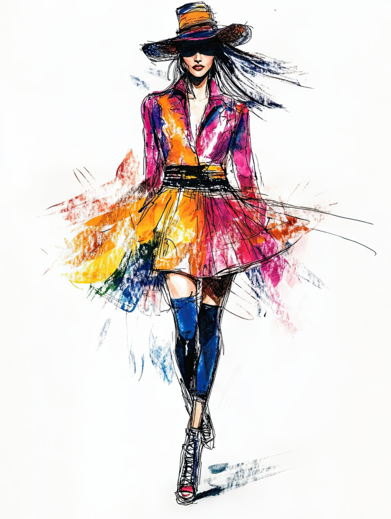 Runway model strutting with confidence, wearing a high-fashion outfit, fashion sketch captures movement and grace, fashion design sketches, fashion flats