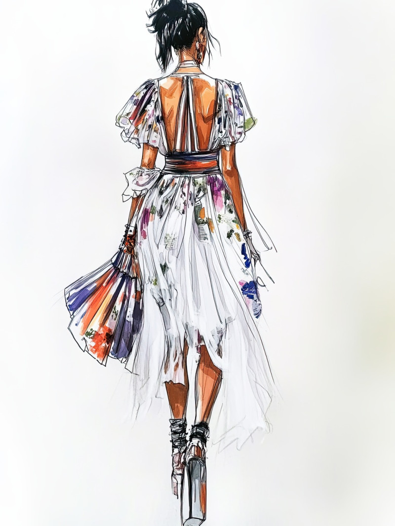 High-fashion editorial concept with dramatic styling and bold expression, fashion sketch highlights modern couture, fashion design sketches, fashion flats