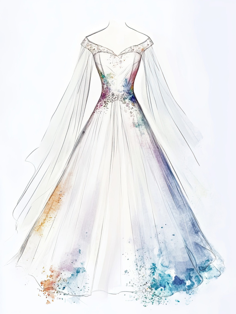 Dreamy bridal gown with delicate details, floating gracefully, fashion sketch captures romance and elegance, fashion design sketches, fashion flats