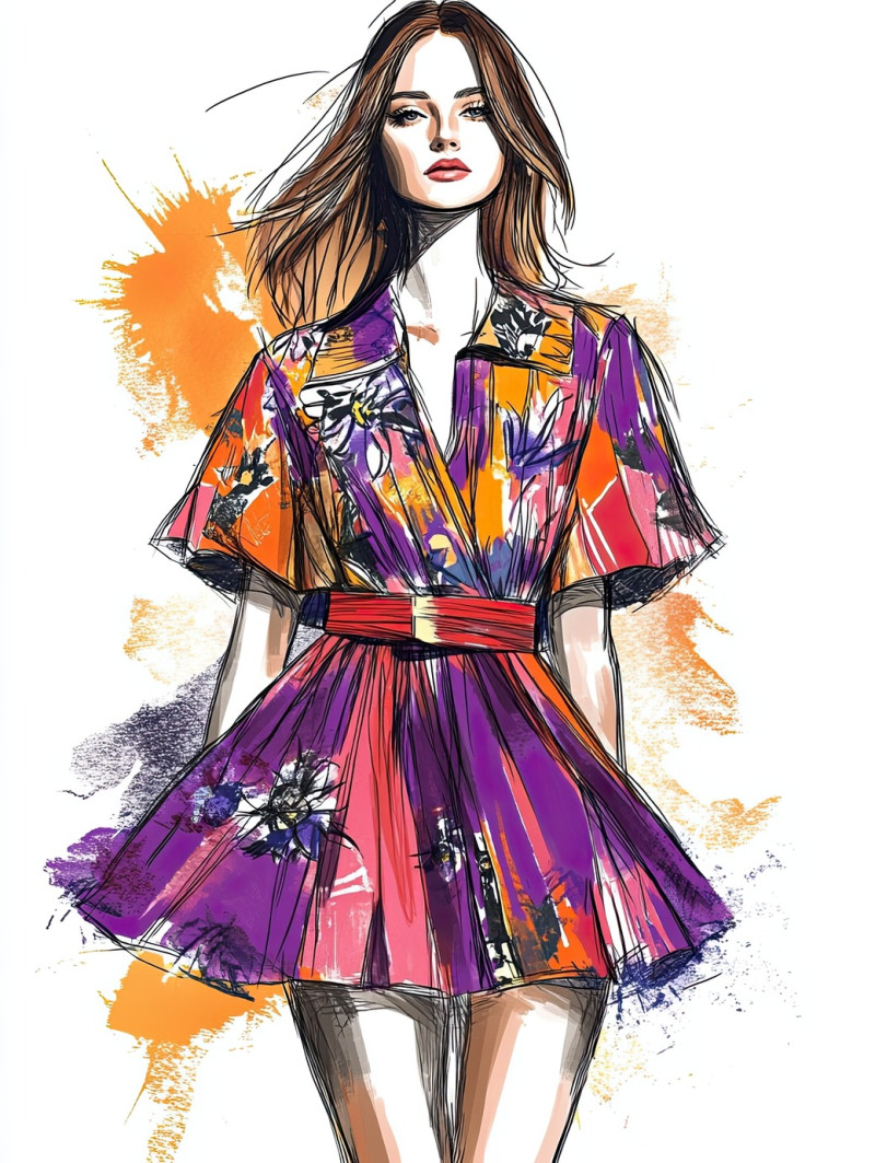 Layered bohemian ensemble with flowing fabrics and earthy tones, fashion sketch reflects free-spirited style, fashion design sketches, fashion flats