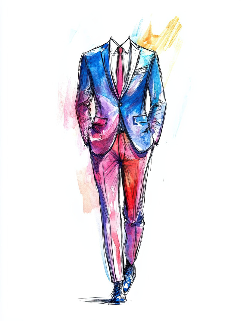 Tailored power suit with strong lines and sharp cuts, fashion sketch conveys confidence and authority, fashion design sketches, fashion flats