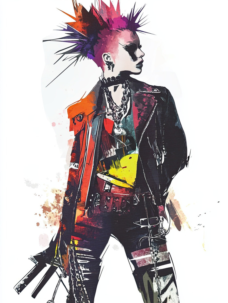 Edgy punk-inspired outfit with bold accessories and attitude, fashion sketch captures rebellious aesthetics, fashion design sketches, fashion flats