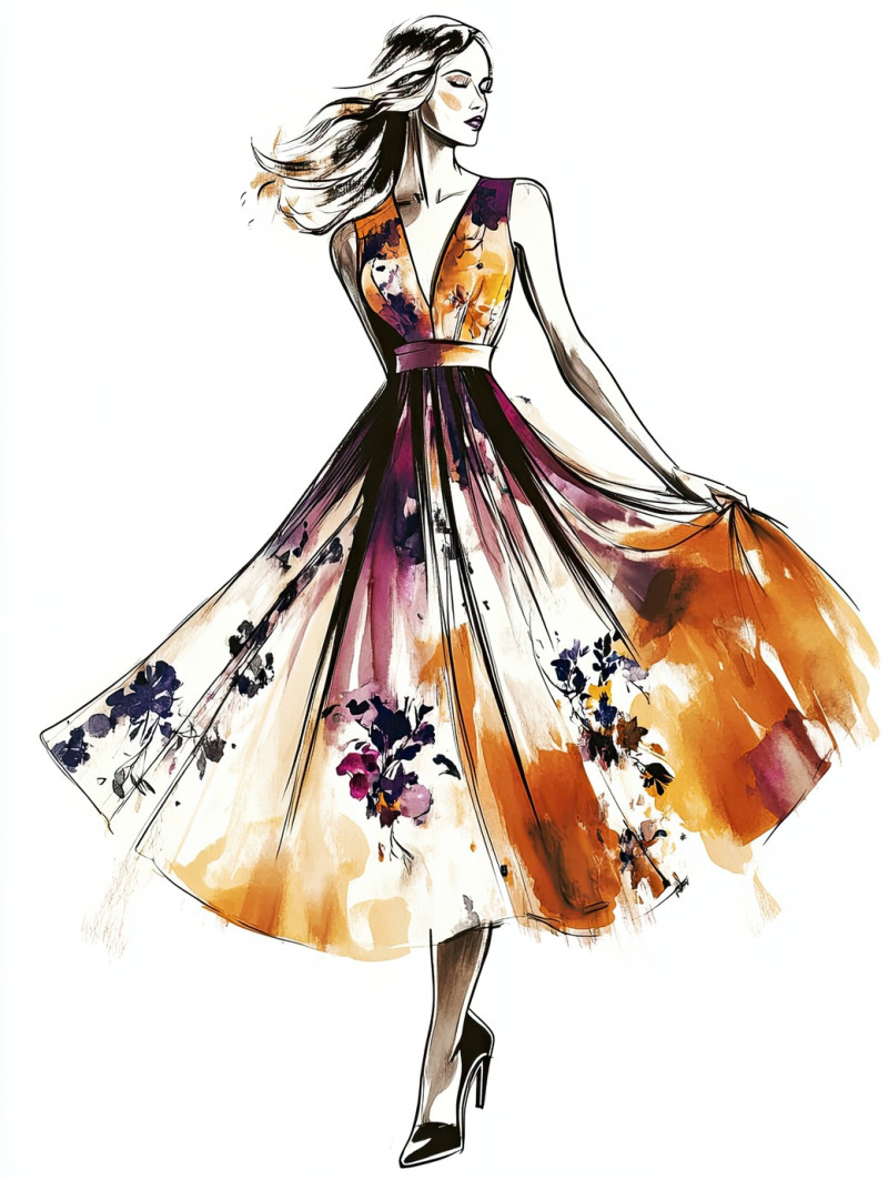 Vintage glamour pose with classic styling and elegance, fashion sketch evokes timeless sophistication, fashion design sketches, fashion flats