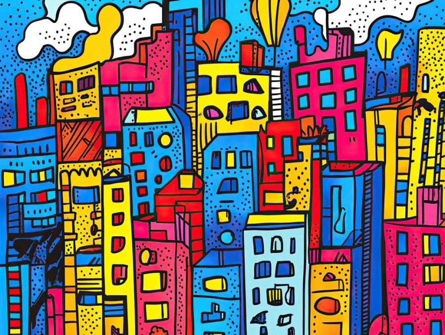 Hand drawn doodle cityscape outlined in thick, featuring buildings, streets, and skyline, urban sketch made with marker drawing, copic sketch markers, best art markers