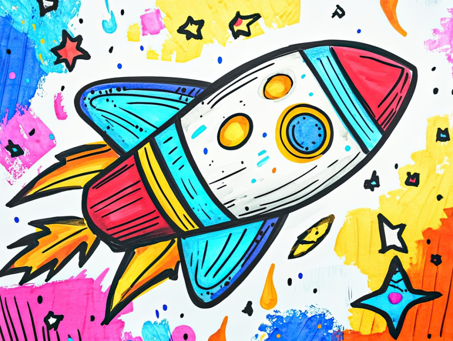 Rocket blasting to the stars, outlined in thick, surrounded by planets and cosmic dust, space adventure drawn with marker drawing, copic sketch markers, best art markers