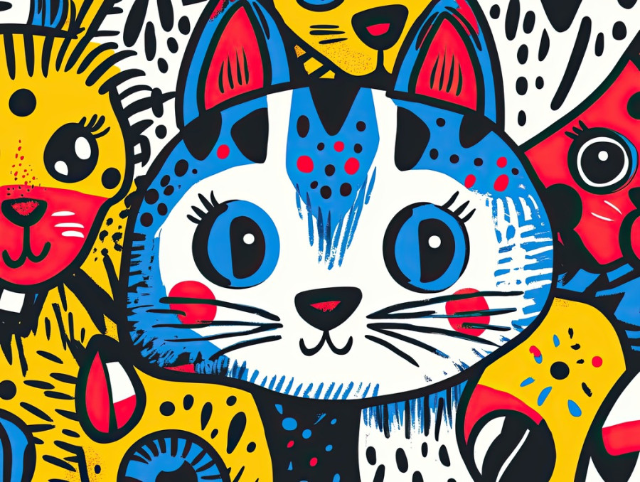 Cute animal faces outlined in thick, featuring playful expressions of a cat, dog, bear, and rabbit, fun illustration using marker drawing, copic sketch markers, best art markers