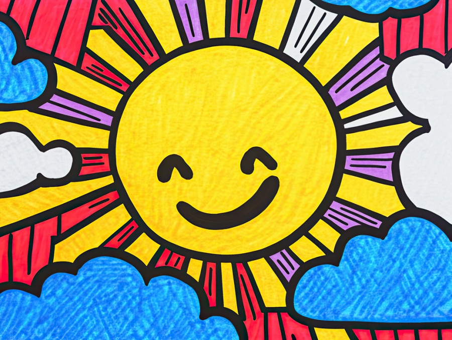 Happy sun and fluffy clouds outlined in thick, radiating warmth and positivity in a cheerful sky, whimsical sketch made with marker drawing, copic sketch markers, best art markers