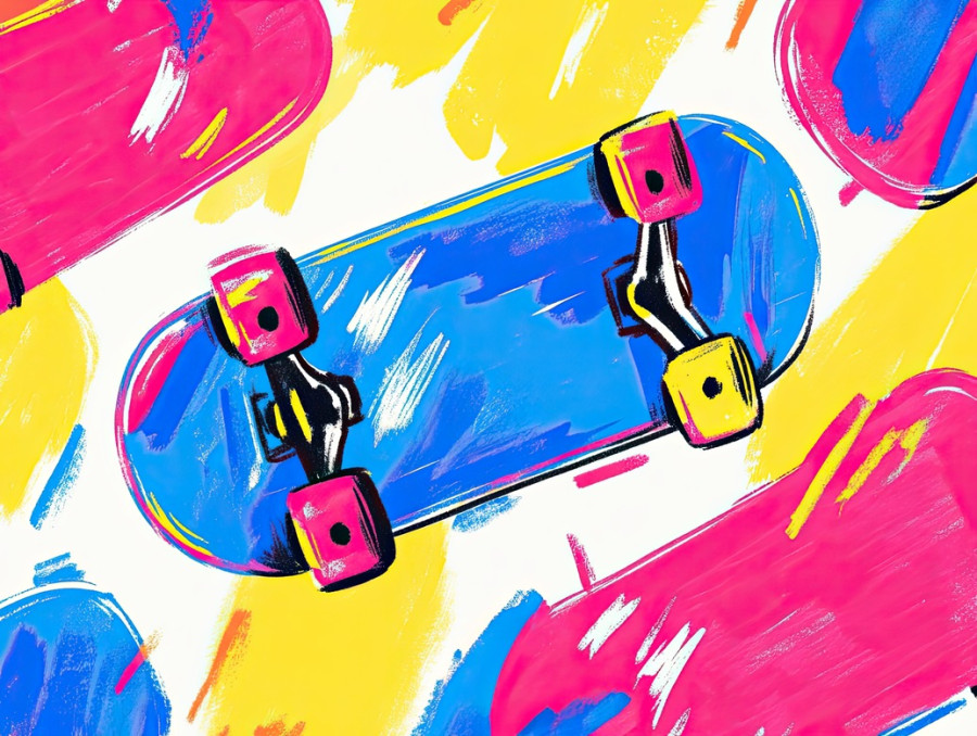 Funky skateboard with bold designs outlined in thick, featuring cool patterns and energetic motion, street style sketch made with marker drawing, copic sketch markers, best art markers