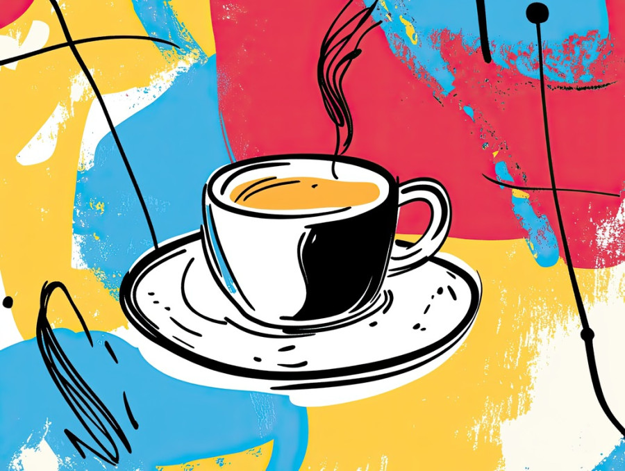 Cozy coffee break scene outlined in thick, with a steaming cup, coffee beans, and a pastry, relaxing moment captured in marker drawing, copic sketch markers, best art markers