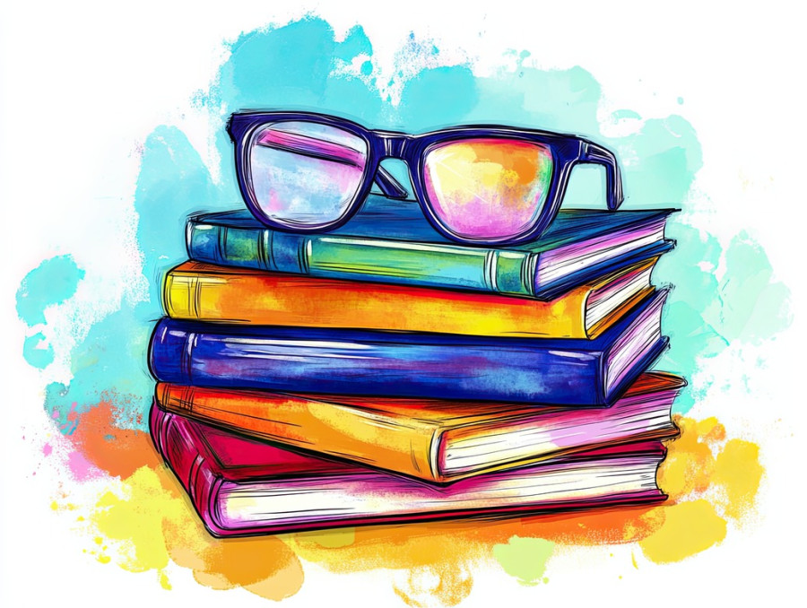 Stack of books with glasses on top, outlined in thick, symbolizing knowledge and learning, literary themed artwork made with marker drawing, copic sketch markers, best art markers