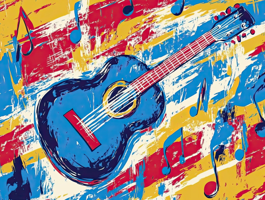 Music notes and guitar outlined in thick, representing rhythm, melody, and harmony, vibrant musical illustration drawn with marker drawing, copic sketch markers, best art markers