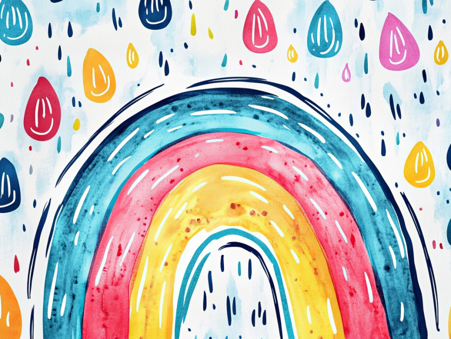 Rainbow and raindrops outlined in thick, arching over the sky with bright, cheerful colors, weather inspired art using marker drawing, copic sketch markers, best art markers