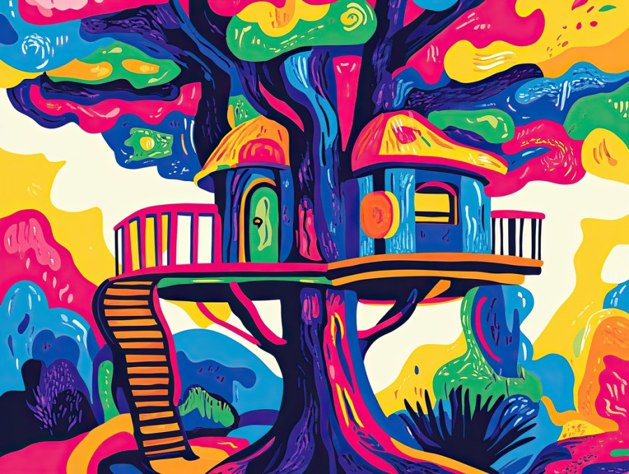 Whimsical treehouse outlined in thick, nestled in branches with ladders and cozy details, fairytale inspired sketch using marker drawing, copic sketch markers, best art markers