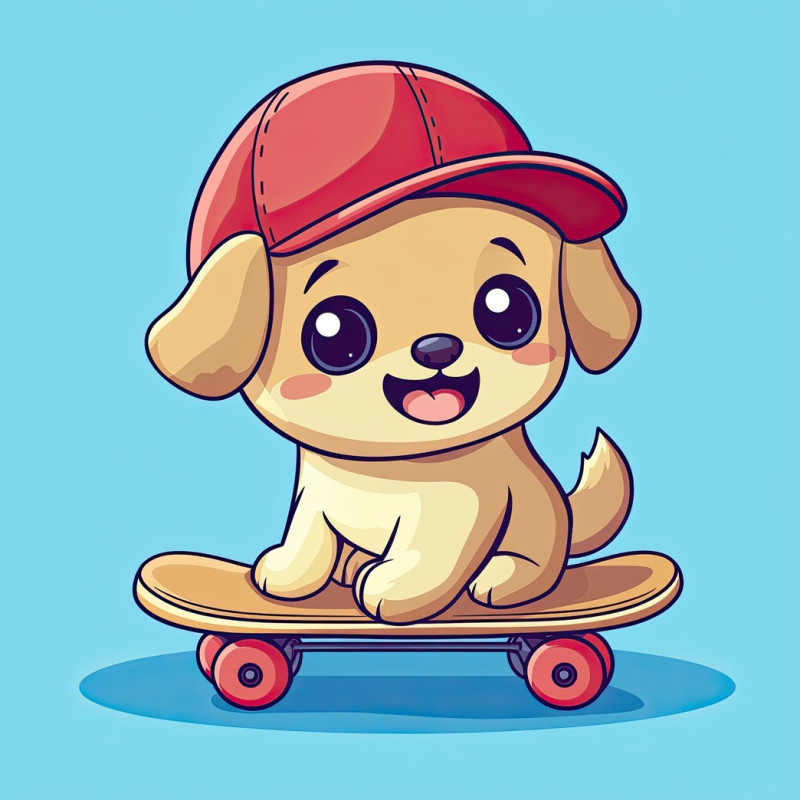 A puppy wearing a red baseball cap rides a skateboard, balancing with tiny paws, cute animal rider flat icon, perfect for playful and fun designs