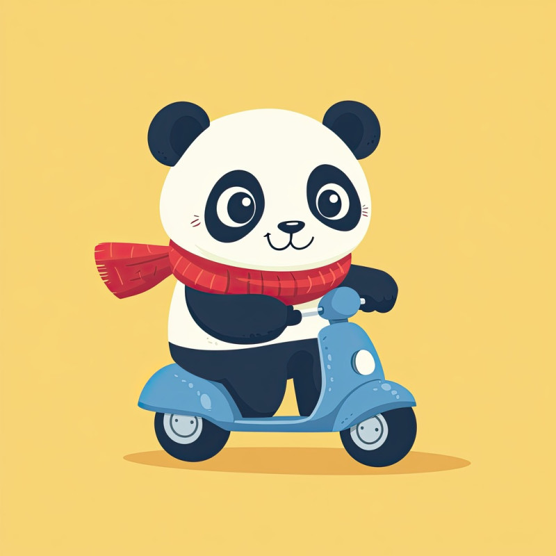 A chubby panda wearing a red scarf rides a tiny blue scooter, joyfully zooming ahead, cute animal rider flat icon, great for adorable and cheerful themes